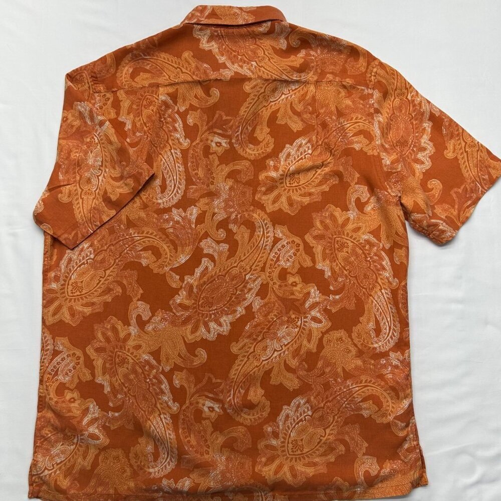 Tasso Elba Island Mens Orange Paisley Button-Down Shirt 75% Silk 25% Linen Short - Picture 15 of 16